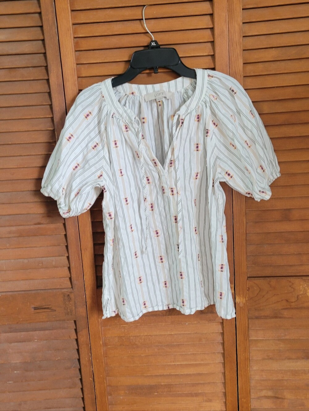 LOFT White Striped Puff-Sleeve Boho Peasant Blouse